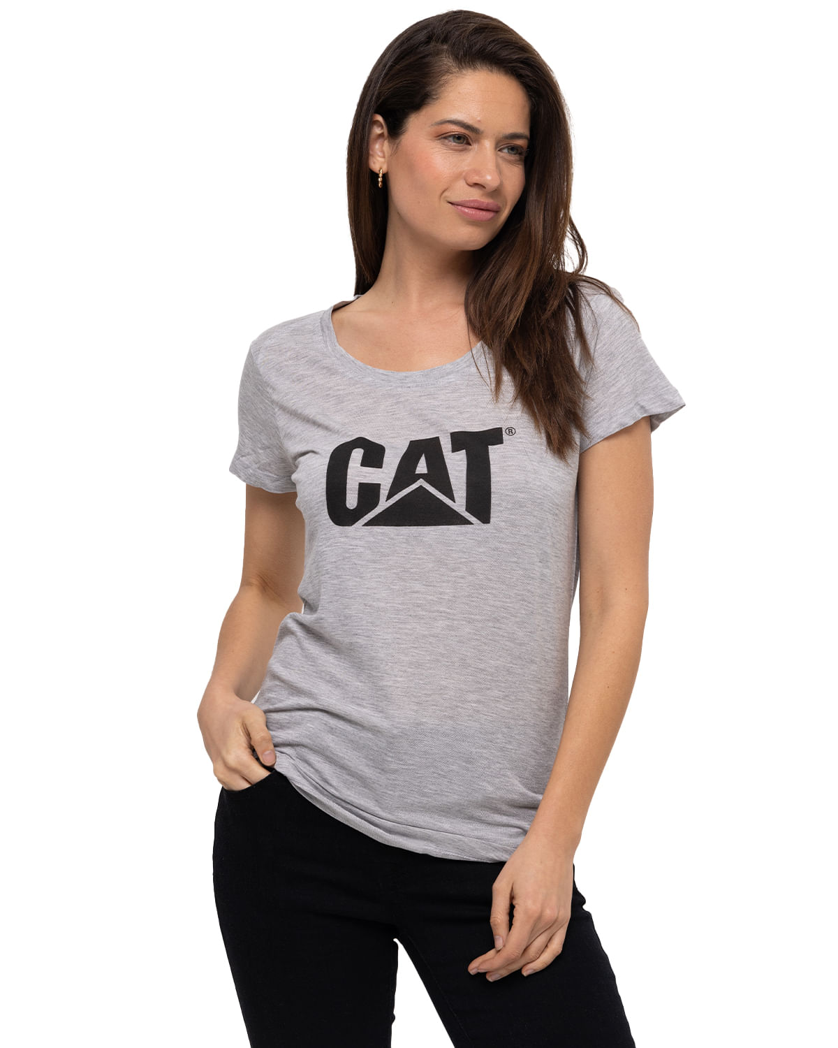 Polera Manga Corta Casual Mujer Cat Logo Scoop Neck Tee Gris Cat