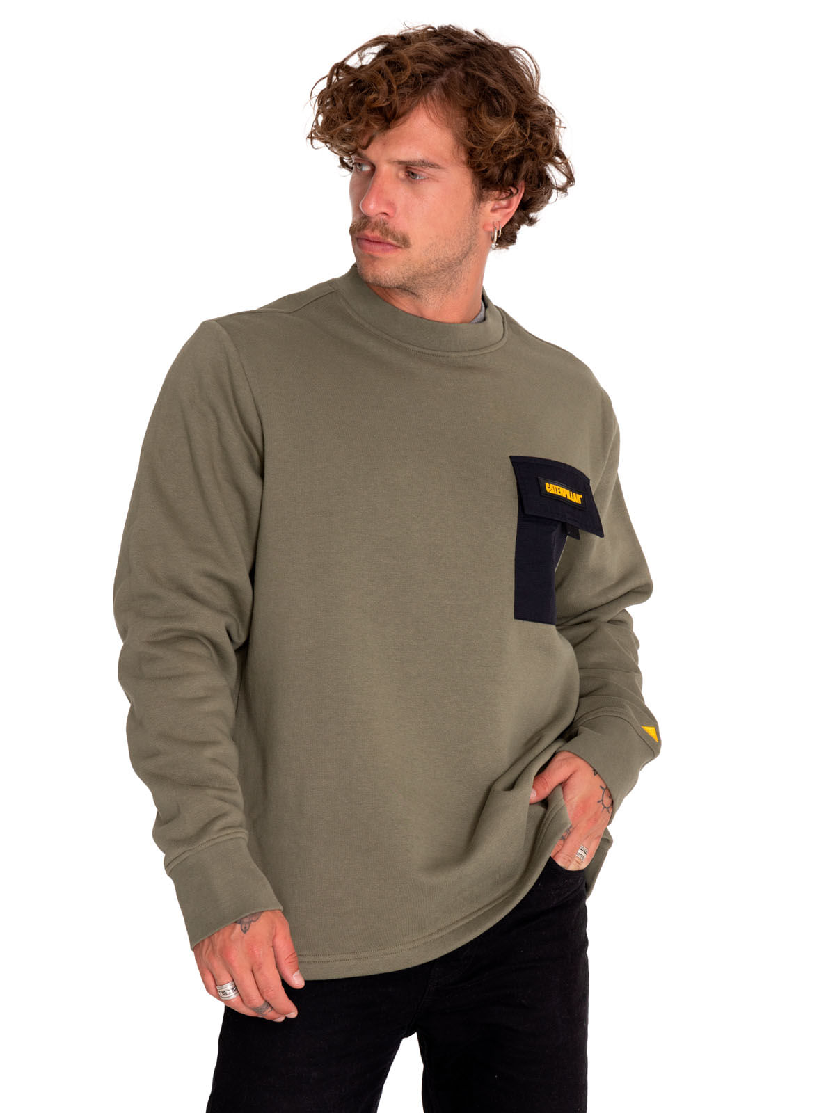 Poleron Casual Hombre Utility Crewneck Sweatshirt Verde Cat