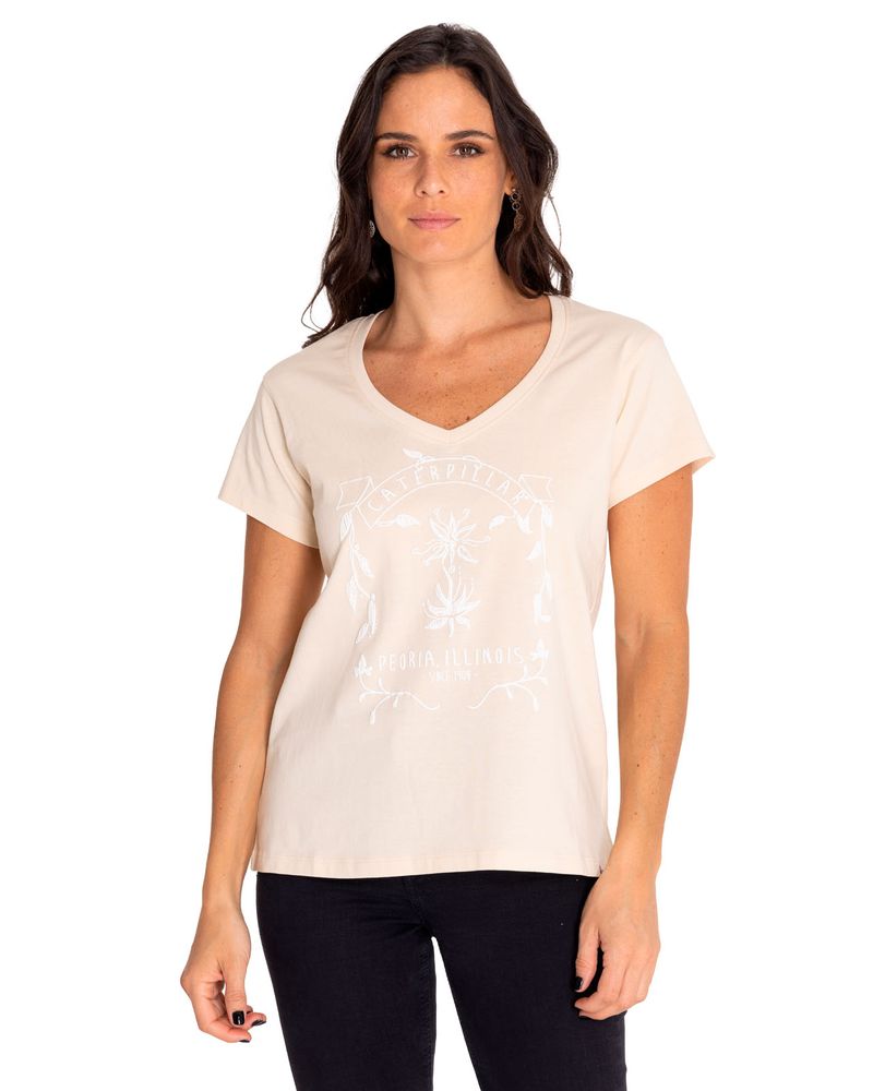 Polera-Manga-Corta-Casual-Mujer-Novelty-Graphic-V-Neck-Tee-Beige-Crudo-Cat