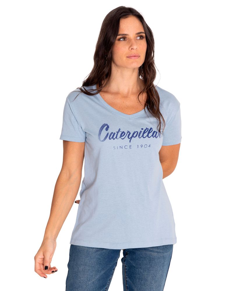 Polera-Manga-Corta-Casual-Mujer-Caterpillar-Script-V-Neck-Tee-Azul-Cat