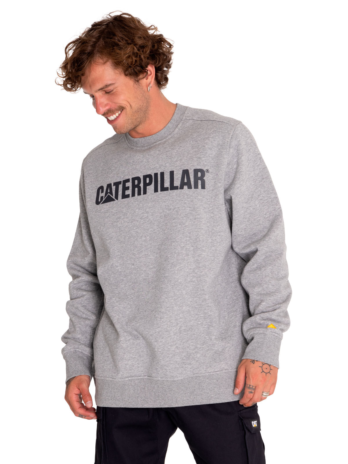 Poleron Casual Unisex Caterpillar Logo Crewneck Sweatshirt Gris Cat