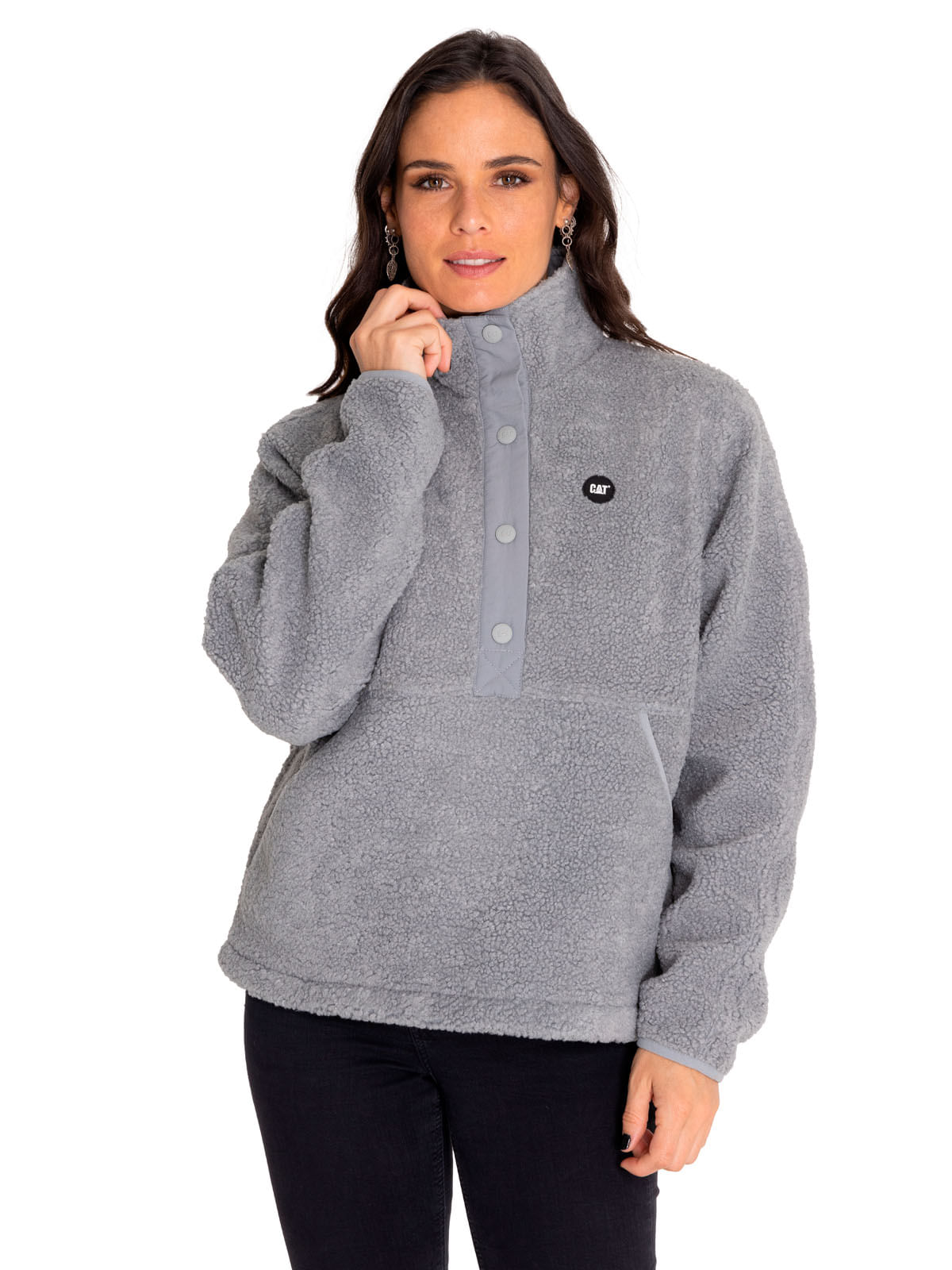 Polar Casual Mujer Sherpa Fleece Snap Front Pullover Jacket Gris Cat