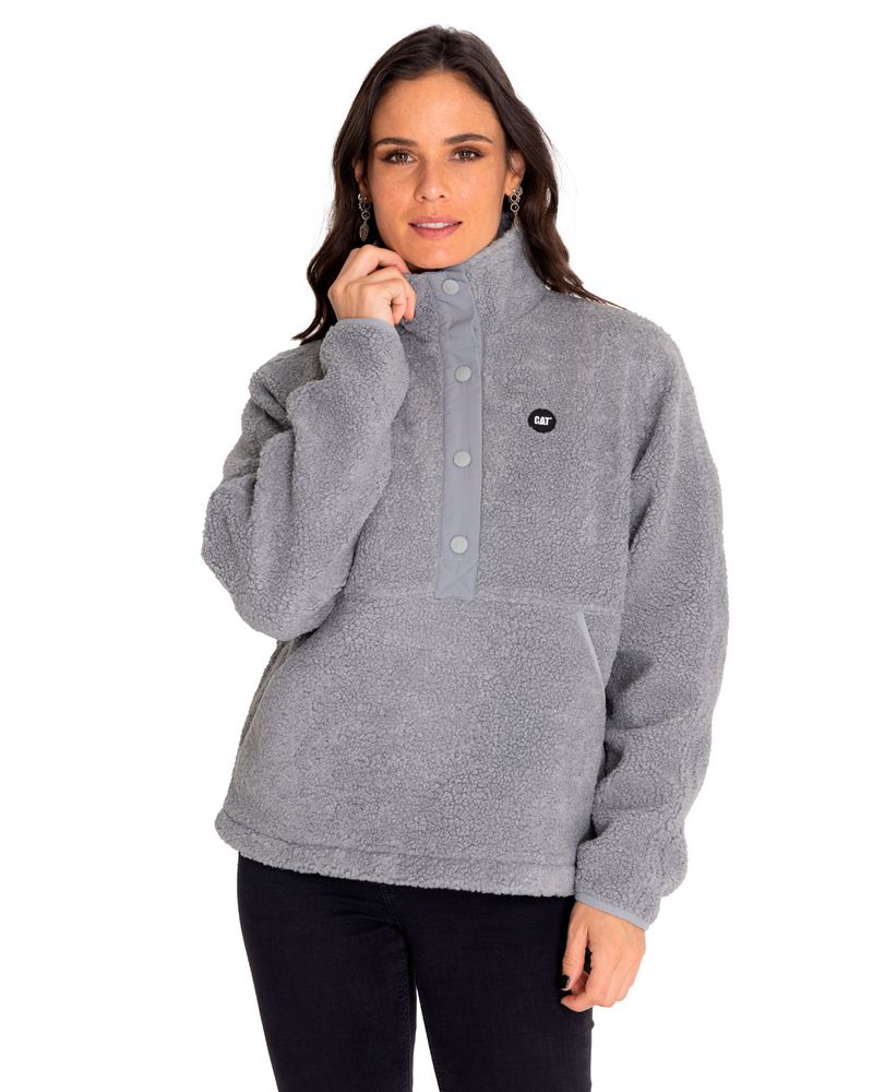 Polar-Casual-Mujer-Sherpa-Fleece-Snap-Front-Pullover-Jacket-Gris-Cat