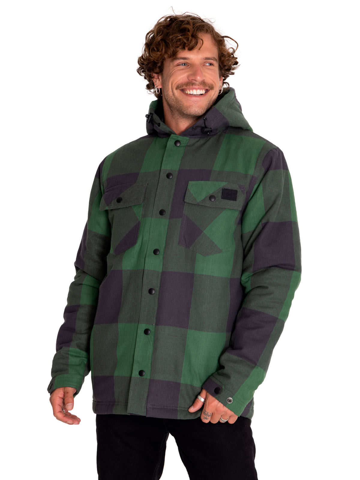 Chaqueta Casual Hombre Flannel Snap Front Lightweight Insulated Hooded Jacket Negro Cat