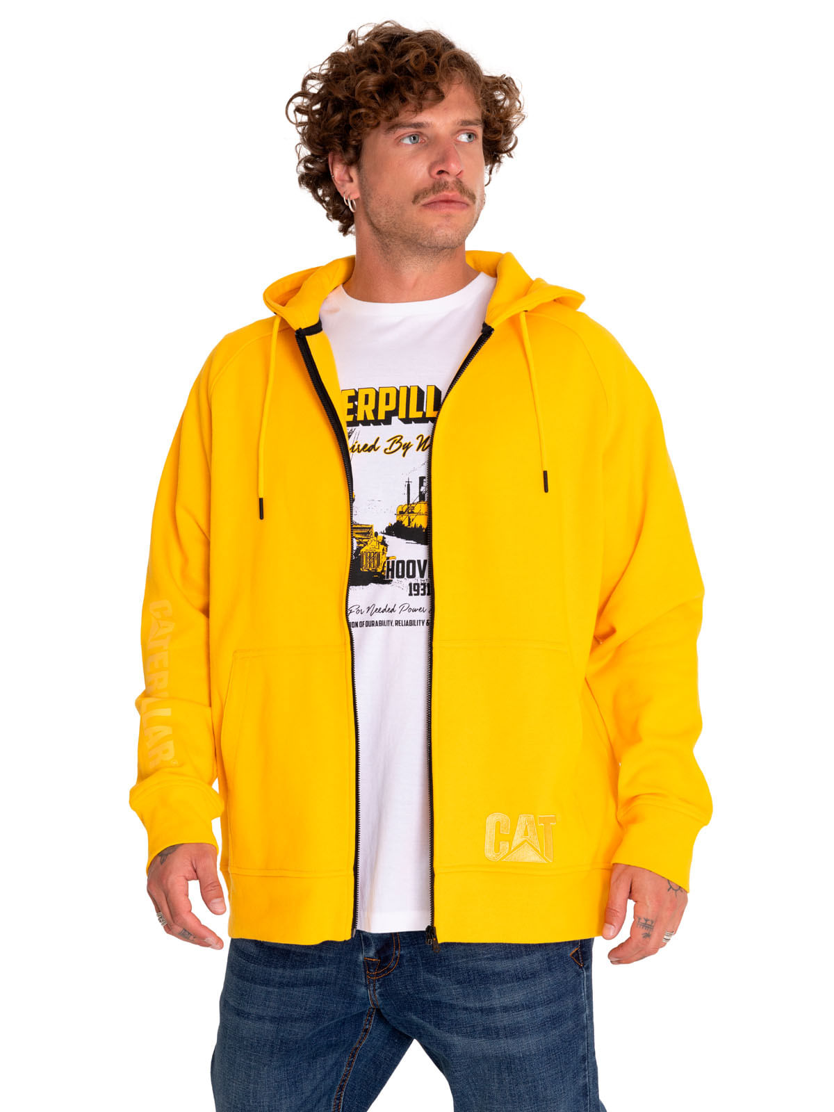 Poleron Casual Hombre Fleece Cat Logo Full Zip Hoodie Amarillo Cat