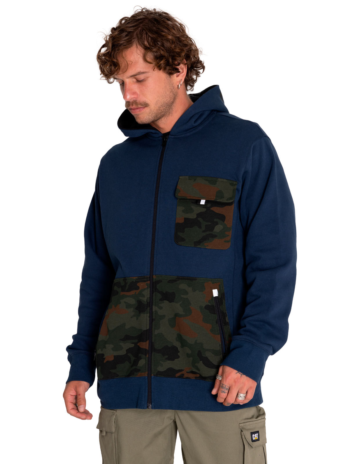 Poleron Casual Hombre Utility Hood Banner Full Zip Sweatshirt Azul Cat