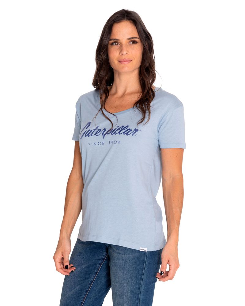 Polera-Manga-Corta-Casual-Mujer-Caterpillar-Script-V-Neck-Tee-Azul-Cat