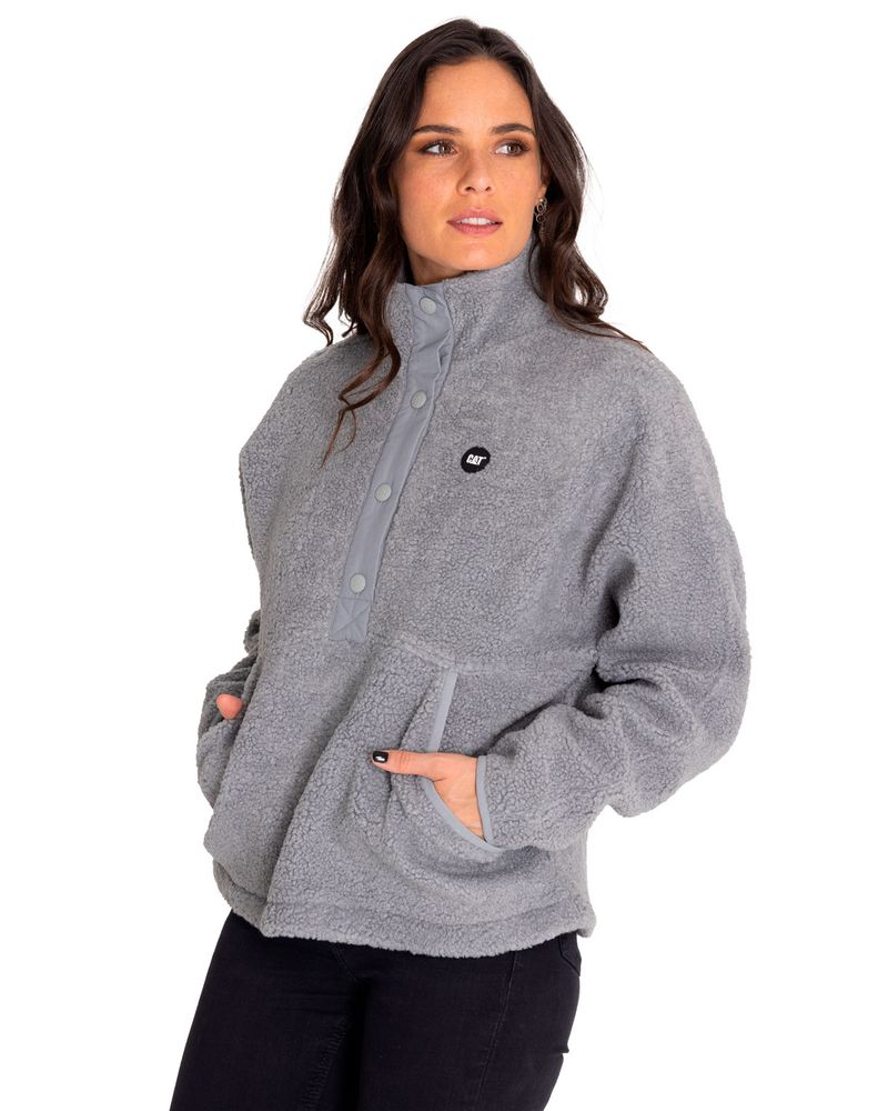 Polar-Casual-Mujer-Sherpa-Fleece-Snap-Front-Pullover-Jacket-Gris-Cat