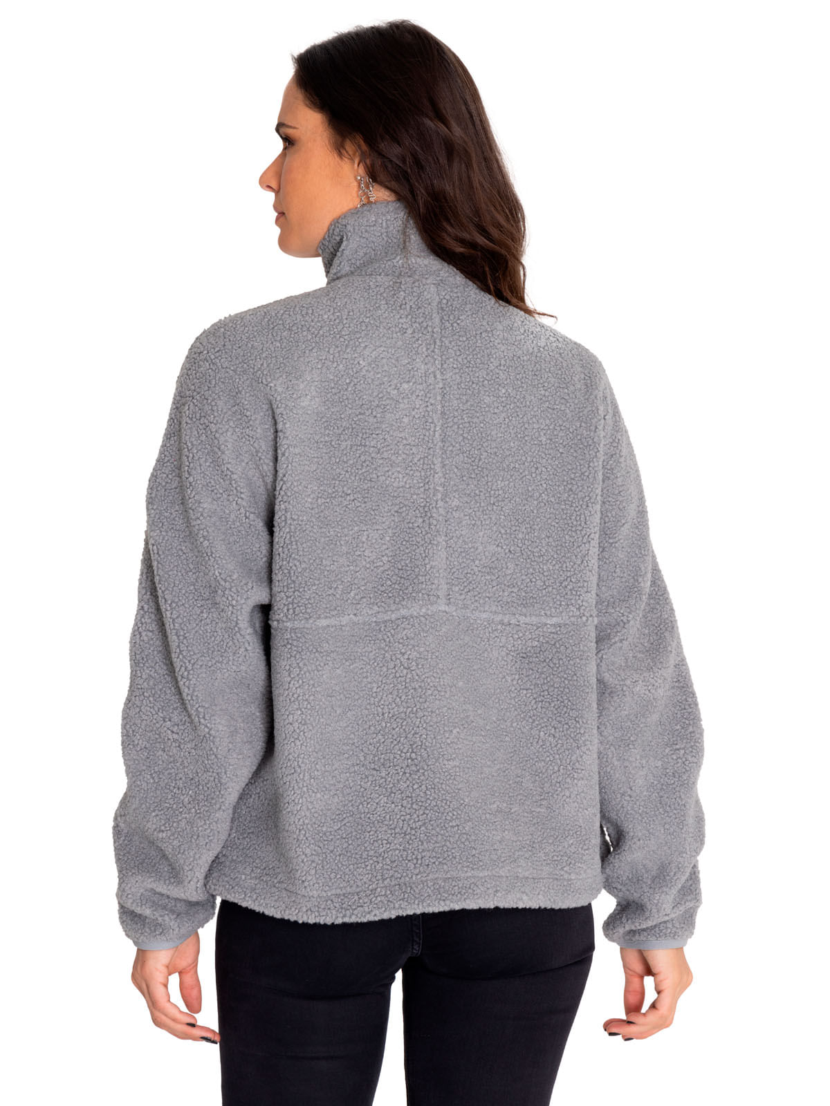 Polar Casual Mujer Sherpa Fleece Snap Front Pullover Jacket Gris Cat