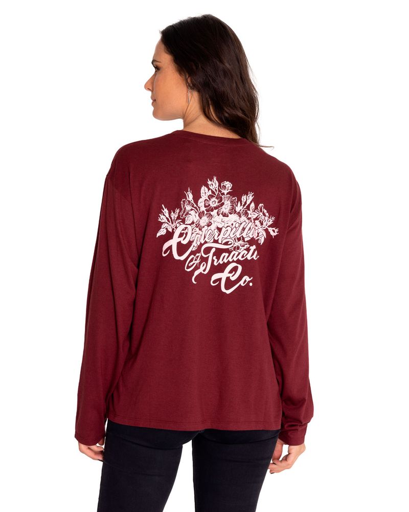 Polera-Manga-Larga-Casual-Mujer-Oversized-Sketch-Floral-L-S-Graphic-Tee-Rojo-Cat