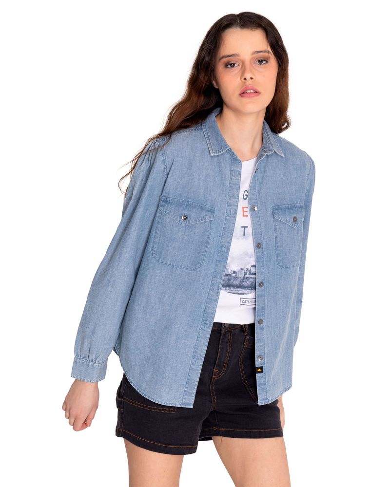 Blusa-Manga-larga-Casual-Mujer-CHAMBRAY-RELAXED-L-S-SHIRT-Azul-claro-CAT