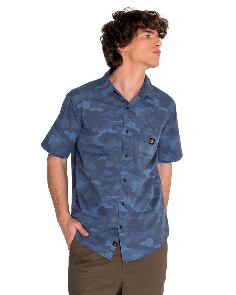 Camisa-Manga-corta-Casual-Hombre-RELAXED-PRINTED-POPLIN-S-S-SHIRT-Azul-CAT