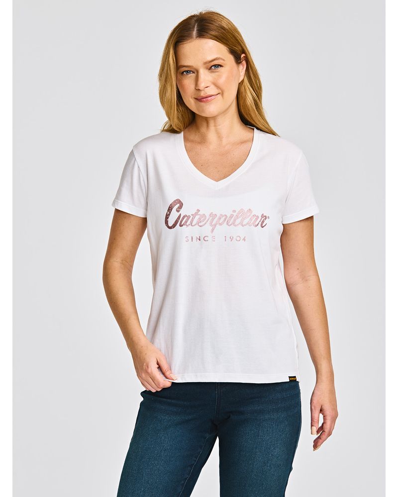 Polera-Manga-corta-Casual-Mujer-CATERPILLAR-SCRIPT-V-NECK-TEE-Blanco-CAT