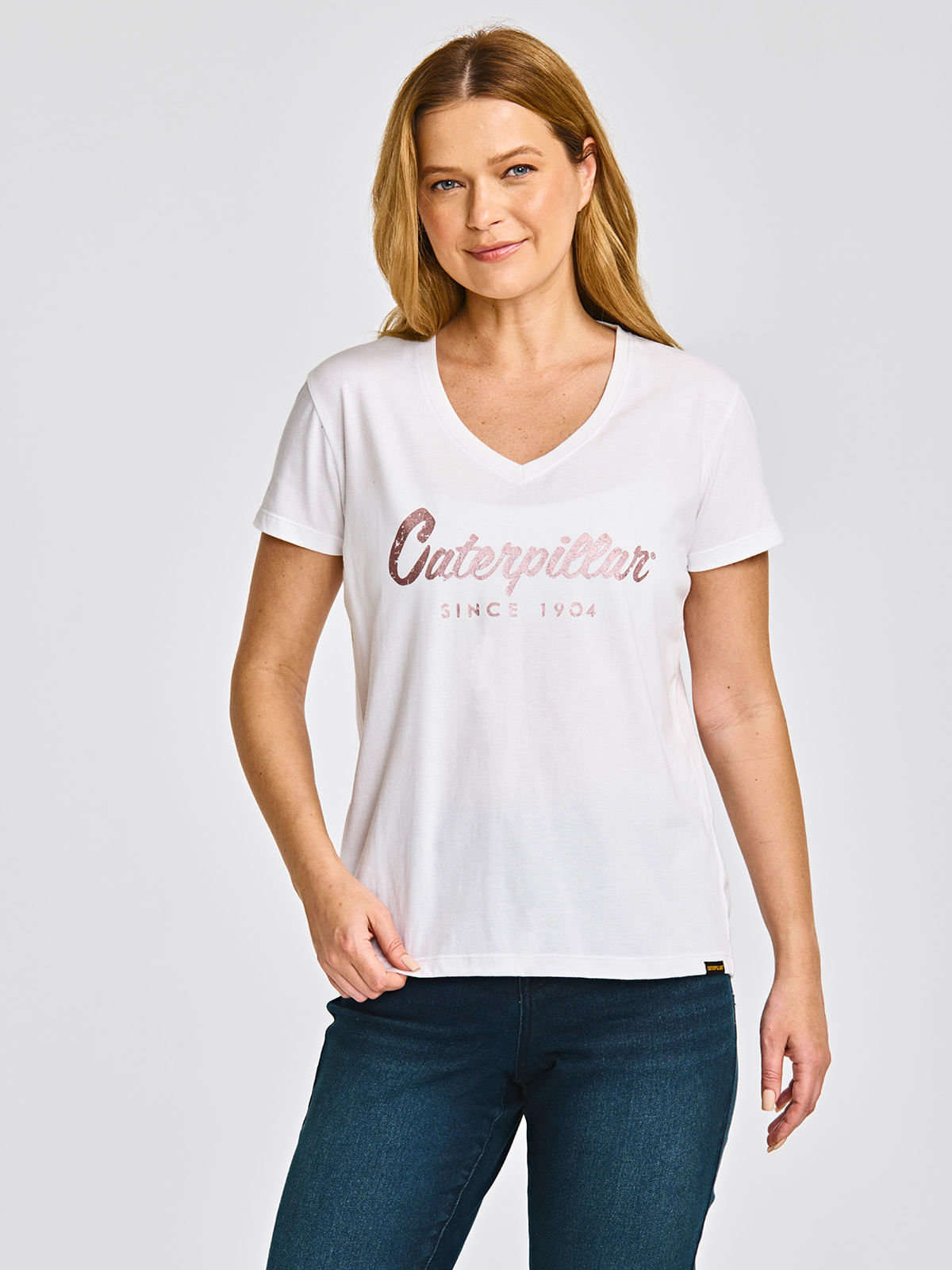 Polera Manga corta Casual Mujer CATERPILLAR SCRIPT V-NECK TEE Blanco CAT