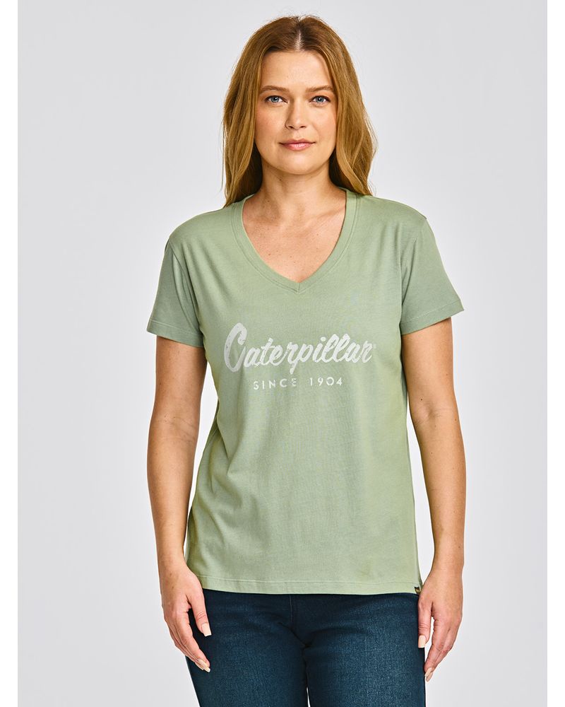 Polera-Manga-corta-Casual-Mujer-CATERPILLAR-SCRIPT-V-NECK-TEE-Verde-CAT