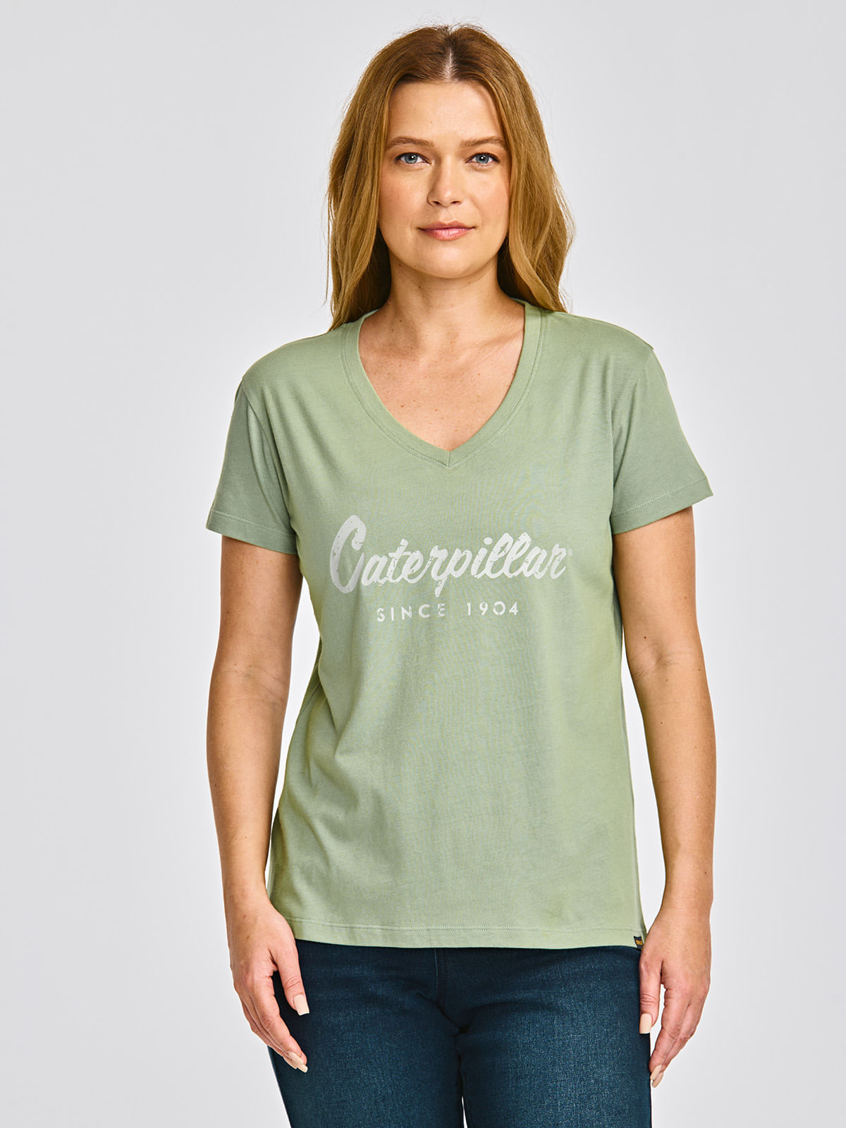 Polera Manga corta Casual Mujer CATERPILLAR SCRIPT V-NECK TEE Verde CAT