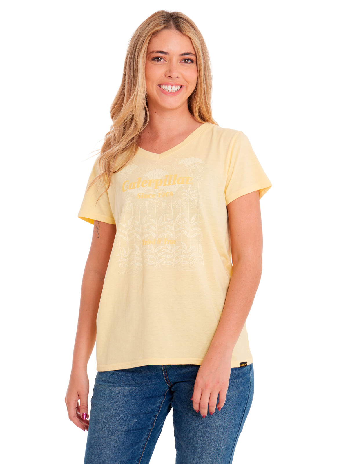 Polera Manga corta Casual Mujer W V-NECK GRAPHIC TEE 1 Amarillo CAT