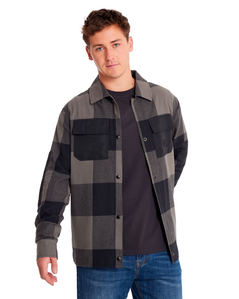 Camisa-Manga-larga-Casual-Hombre-FLANNEL-SNAP-FRONT-SHIRT-JACKET-Negro-CAT