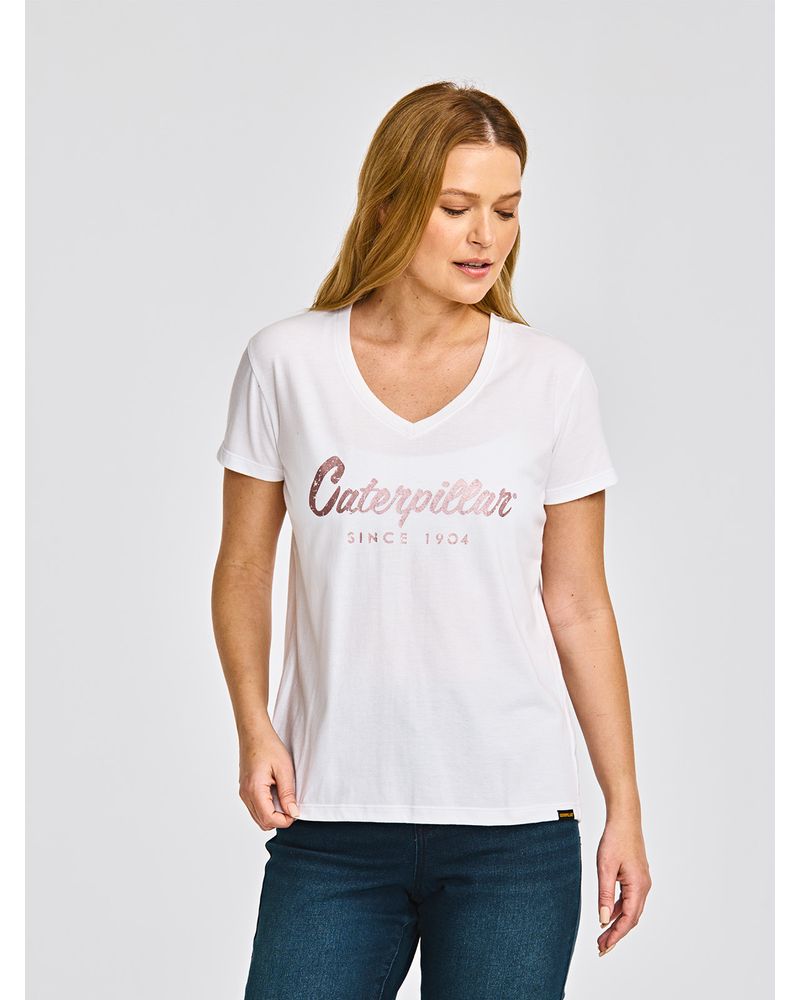 Polera-Manga-corta-Casual-Mujer-CATERPILLAR-SCRIPT-V-NECK-TEE-Blanco-CAT