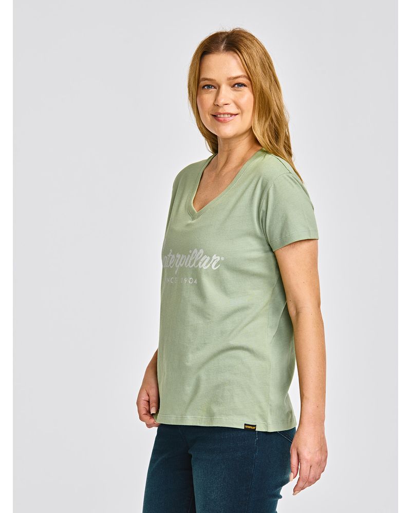 Polera-Manga-corta-Casual-Mujer-CATERPILLAR-SCRIPT-V-NECK-TEE-Verde-CAT