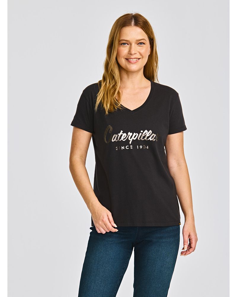 Polera-Manga-corta-Casual-Mujer-CATERPILLAR-SCRIPT-V-NECK-TEE-Negro-CAT