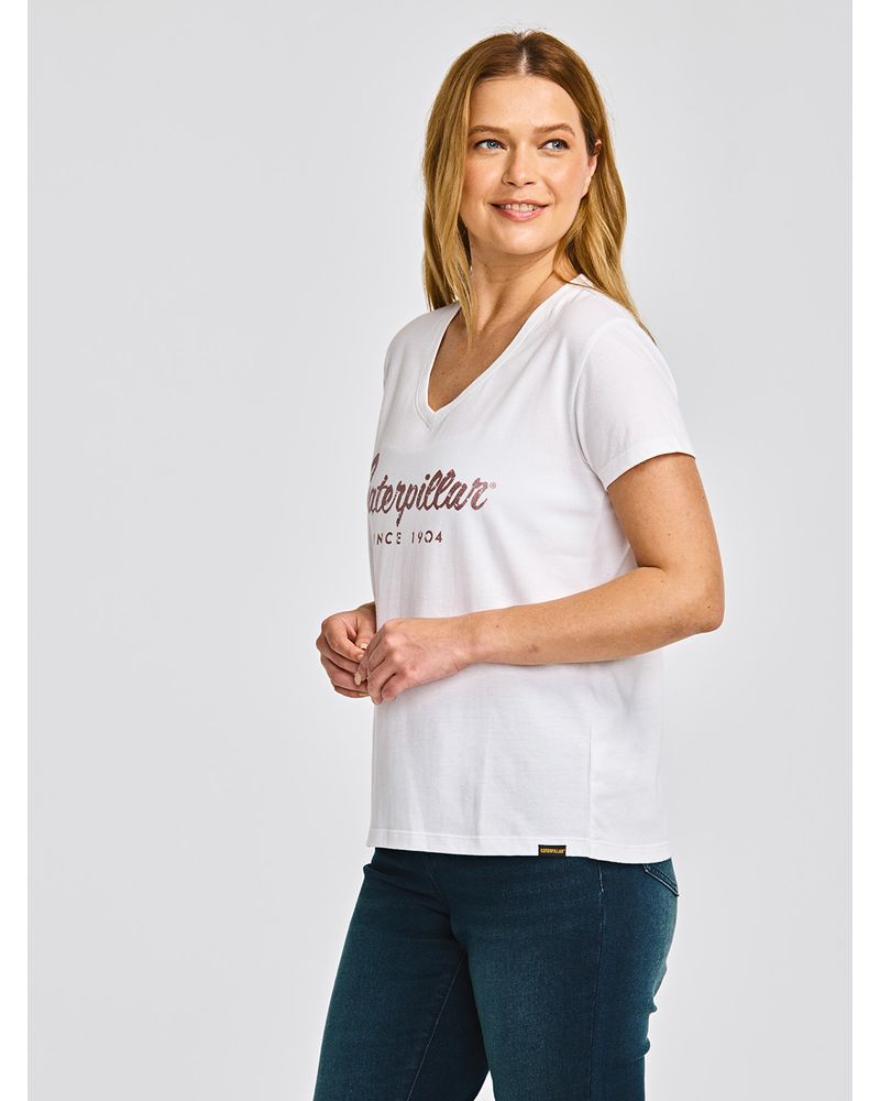 Polera-Manga-corta-Casual-Mujer-CATERPILLAR-SCRIPT-V-NECK-TEE-Blanco-CAT