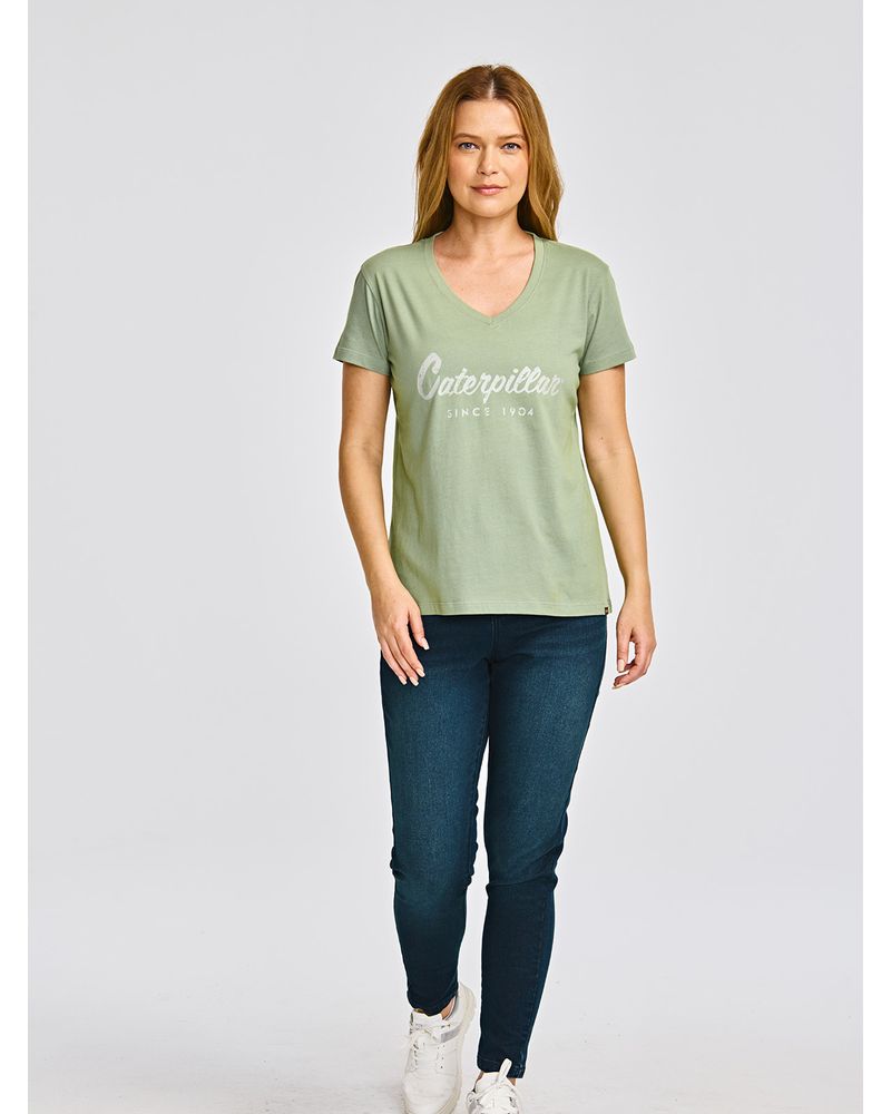 Polera-Manga-corta-Casual-Mujer-CATERPILLAR-SCRIPT-V-NECK-TEE-Verde-CAT