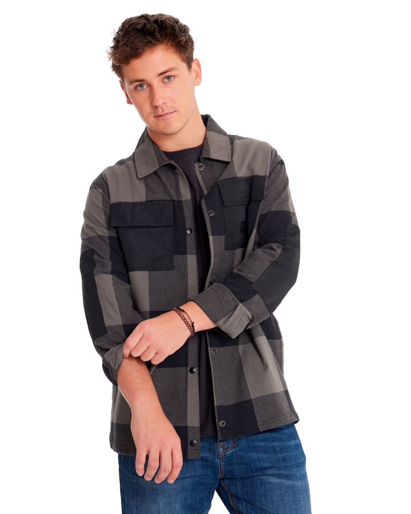 Camisa-Manga-larga-Casual-Hombre-FLANNEL-SNAP-FRONT-SHIRT-JACKET-Negro-CAT