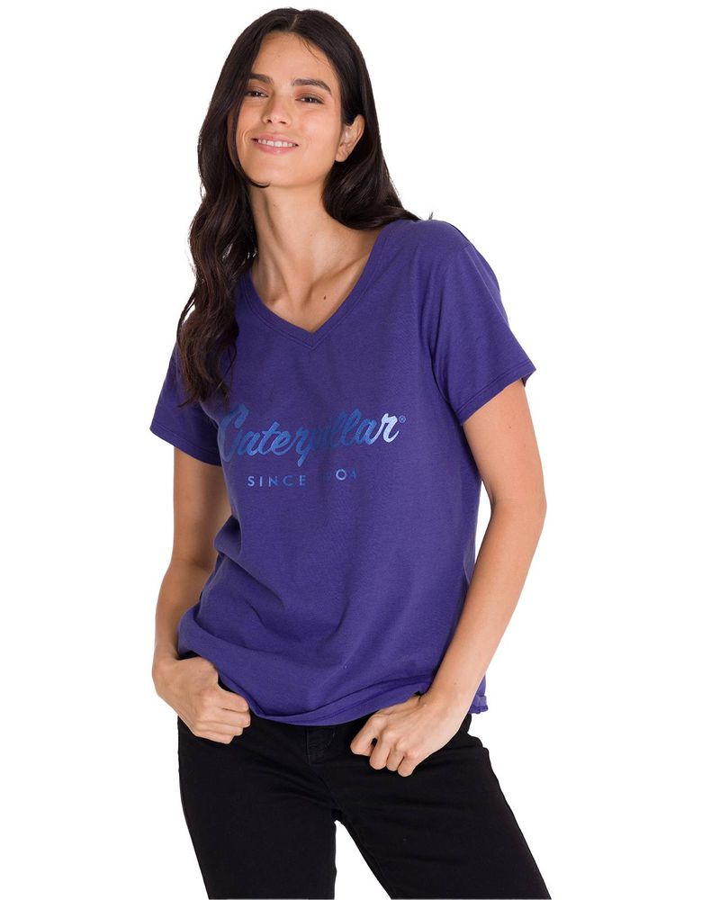 Polera-Manga-Corta-Cuello-V-Mujer-CAT-METALLIC-SCRIPT-V-NECK-Indigo-Cat