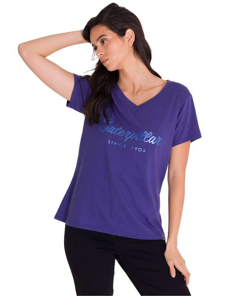 Polera-Manga-Corta-Cuello-V-Mujer-CAT-METALLIC-SCRIPT-V-NECK-Indigo-Cat