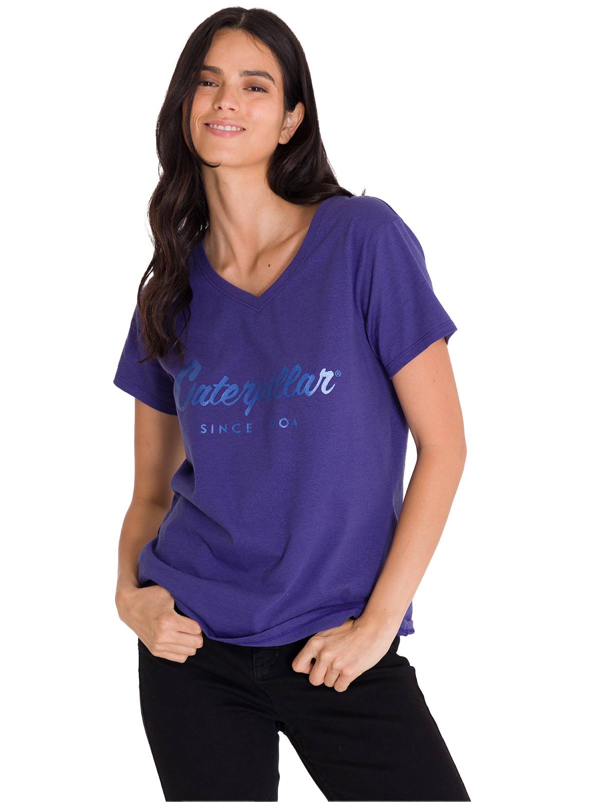 Polera Manga Corta Cuello V Mujer CAT METALLIC SCRIPT V-NECK Indigo Cat
