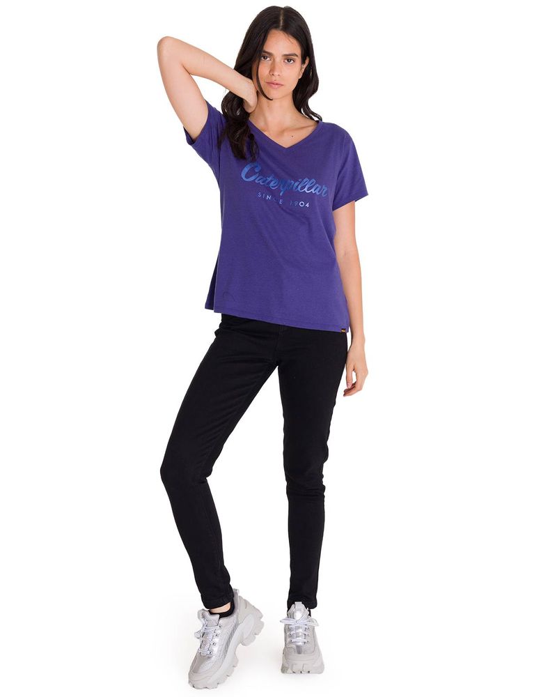 Polera-Manga-Corta-Cuello-V-Mujer-CAT-METALLIC-SCRIPT-V-NECK-Indigo-Cat