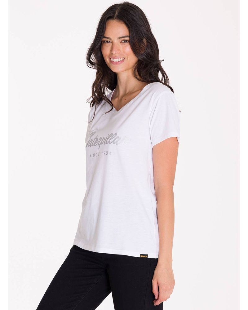 Polera-Manga-Corta-Cuello-V-Mujer-CAT-METALLIC-SCRIPT-V-NECK-TEE-Blanca-Cat