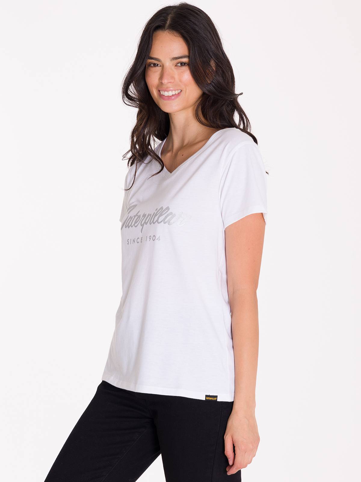 Polera Manga Corta Cuello V Mujer CAT METALLIC SCRIPT V-NECK TEE Blanca Cat