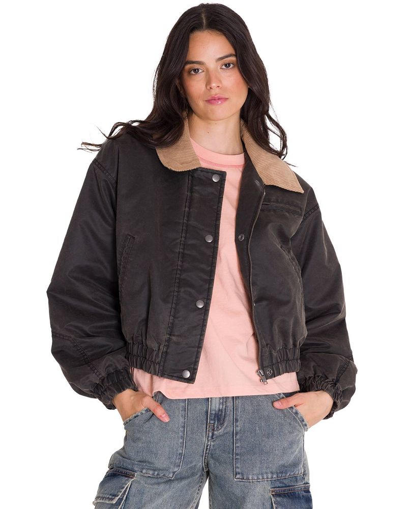 Chaqueta-Manga-Larga-Mujer-WAXED-TWILL-CROPPED-BOMBER-JACKET-Gris-Oscura-Cat