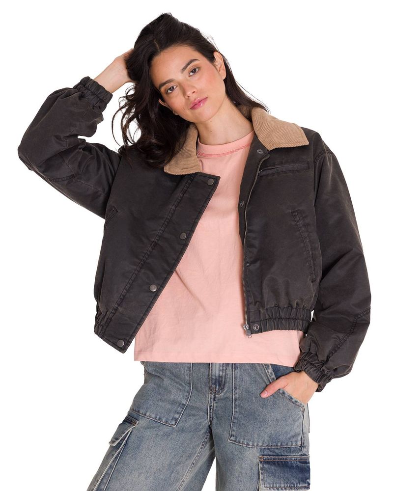 Chaqueta-Manga-Larga-Mujer-WAXED-TWILL-CROPPED-BOMBER-JACKET-Gris-Oscura-Cat