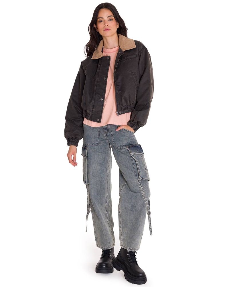 Chaqueta-Manga-Larga-Mujer-WAXED-TWILL-CROPPED-BOMBER-JACKET-Gris-Oscura-Cat