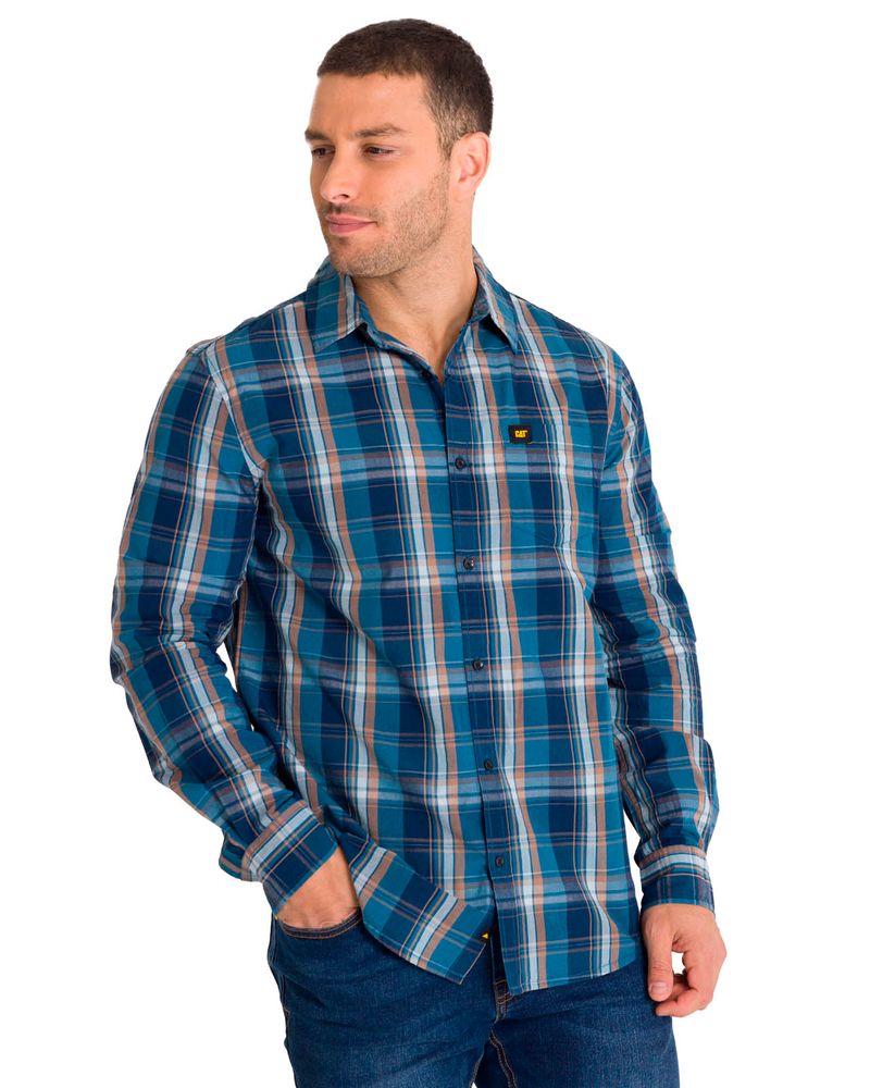 Camisa-Manga-LargaCasual-Hombre-Plaid-Poplin-Rojo-Azul-CAT