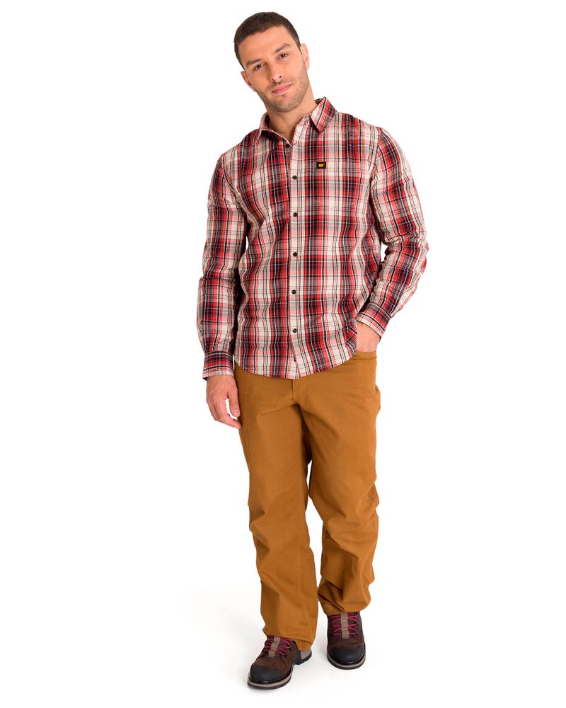 Camisa-Manga-Larga-Casual-Hombre-Plaid-Poplin-Rojo-CAT
