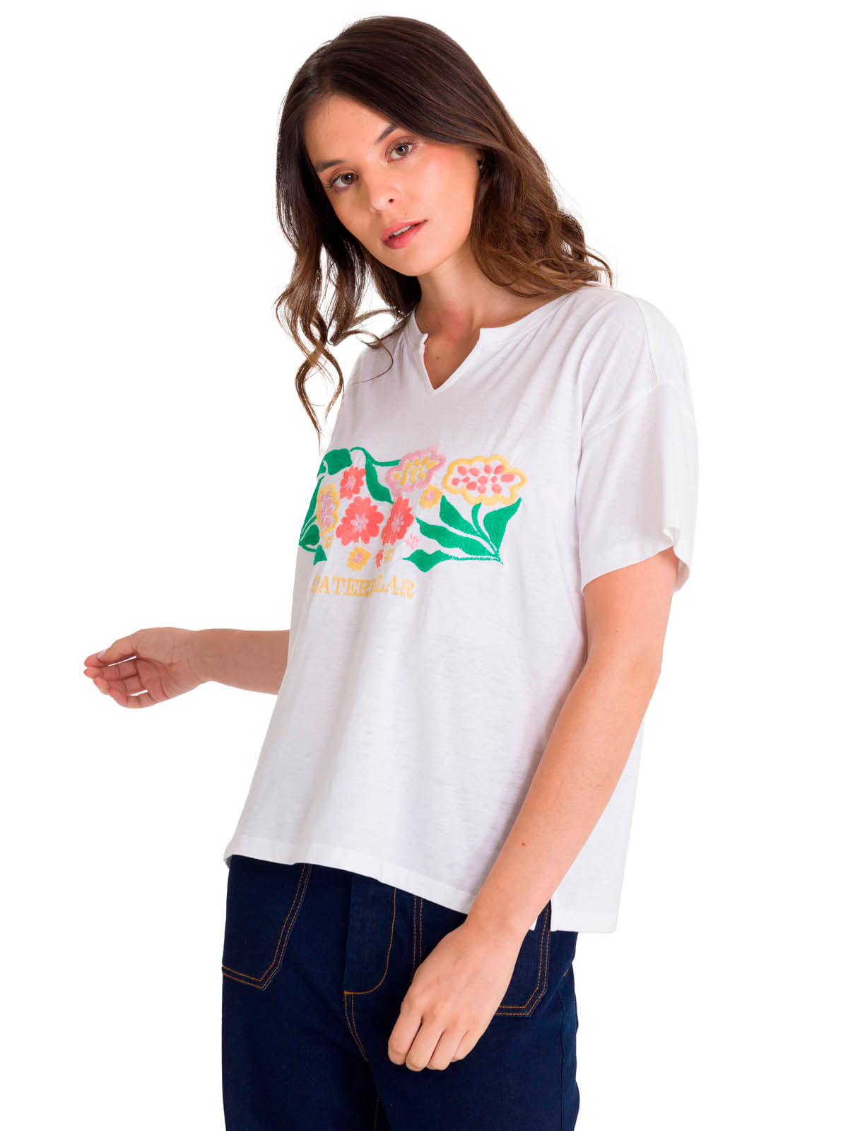 Polera Manga Corta Casual Mujer NOTCH NECK EMBROIDERED FLORAL TEE Blanca Cat