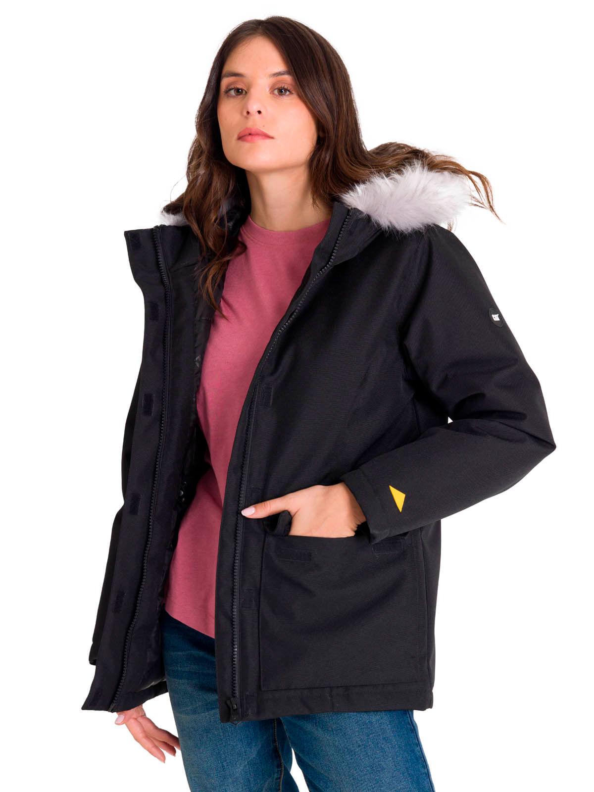 Chaqueta Manga Larga Casual Mujer MEDIUMWEIGHT INSULATED FAUX FUR HOODED Negra Cat