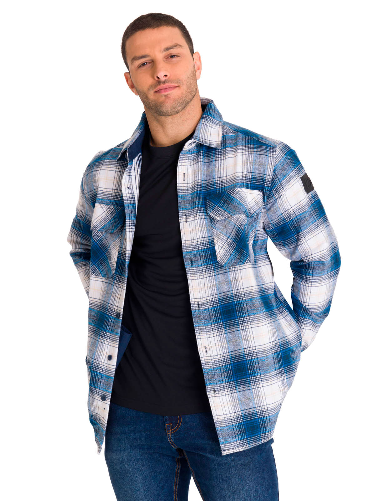 Chaqueta Manga Larga Hombre Buffalo Check Heavyweight Overshirt Azul Petróleo Cat