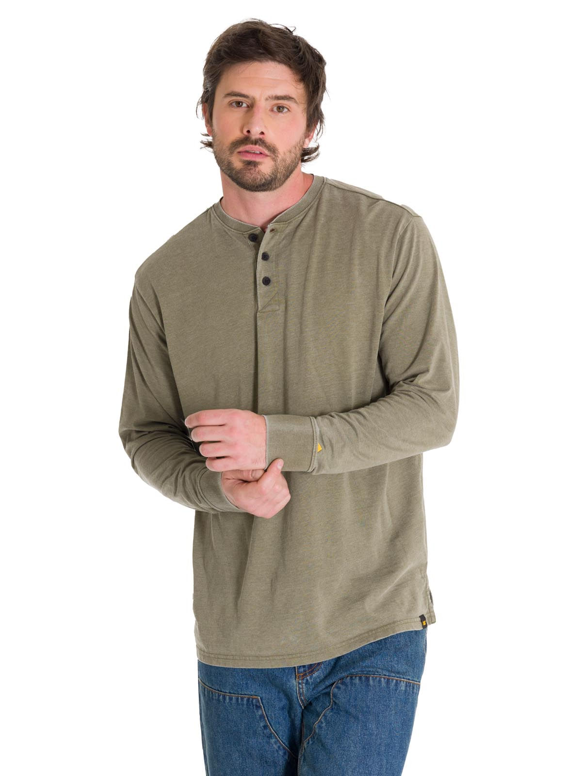 Polera Manga Larga Hombre Burnout L/S Henley Oliva Cat