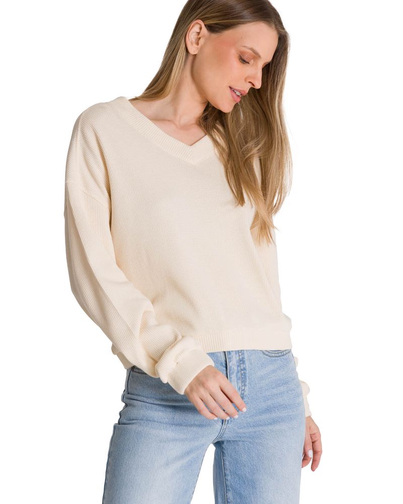 Poleron-Cuello-en-V-Mujer-Oversize-Waffle-Blanco-CAT
